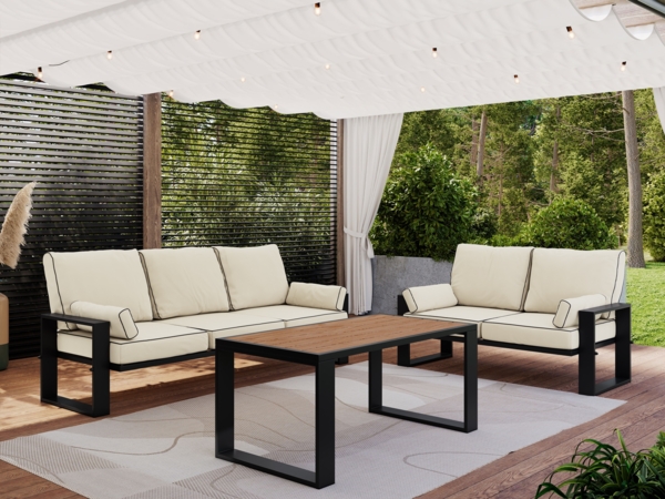 Gartenmöbel-Set mit Tisch für 5 Personen, auf Metallbeinen, Gartenlounge mit Sofa - ELBA 2 - beige