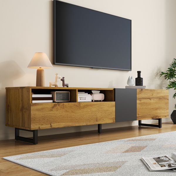 TV-Schrank mit 3 Türen & 2 offenen Fächern, 170 x 42 x 36,5 cm, Natur/Dunkelgrau