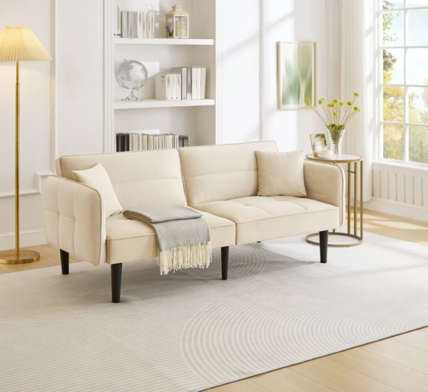 2-in-1 verstellbares Schlafsofa, 176 x 78 x 76 cm, Samt Beige, mit klappbaren Armlehnen