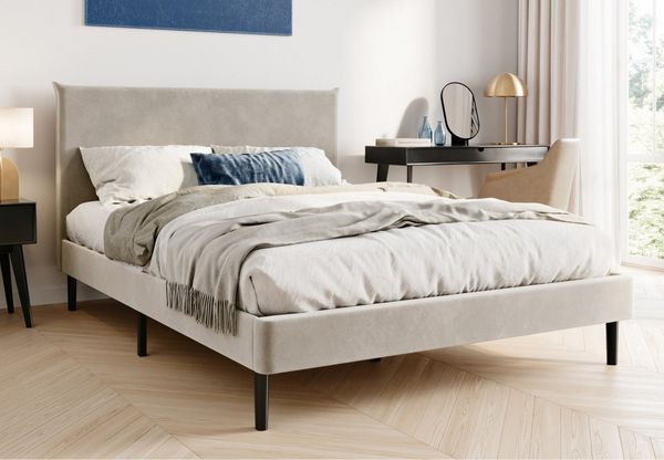 Home Collective Polsterbett 140x200 und 160x200 cm mit Lattenrost und weichem Bezug, Bettgestell (Doppelbett mit gepolstertem Kopfteil, robustes Gestell, hoher Liegekomfort), 140x200 cm, Beige, Samtbezug