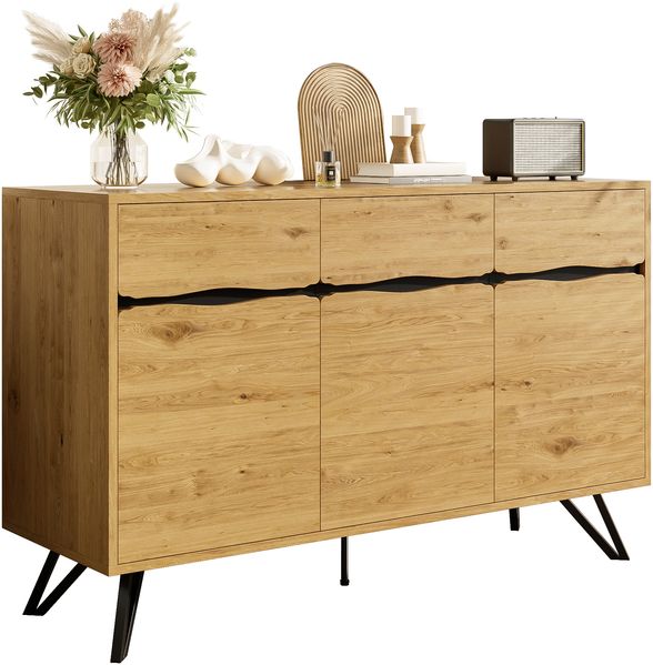 3-Türiges Sideboard, in Holzoptik mit Metallbeinen – Modernes Design, Viel Stauraum, Stabil & Pflegeleicht – Für Wohnzimmer, Esszimmer, Flur geeignet, Holz/Metall， Bild 2