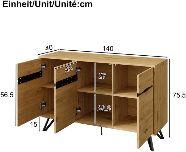 3-Türiges Sideboard, in Holzoptik mit Metallbeinen – Modernes Design, Viel Stauraum, Stabil & Pflegeleicht – Für Wohnzimmer, Esszimmer, Flur geeignet, Holz/Metall， Bild 5