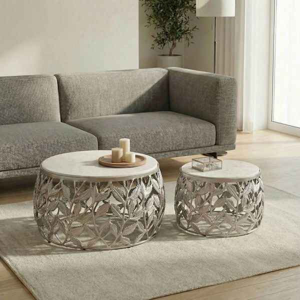 FINEBUY Satztisch FB73707 2er Set Couchtisch Silber Wohnzimmertisch Beistelltisch Marmor (Elegante Tischkombination für stilvolle Wohnräume), Zwei Größen für flexible Nutzung im Alltag