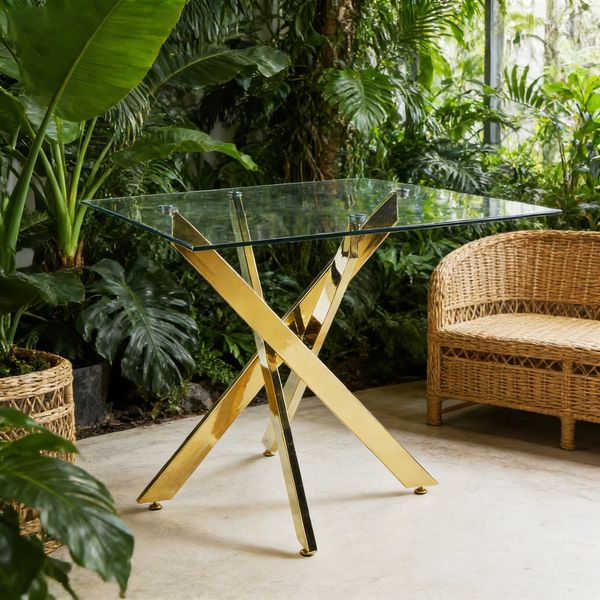 Esstisch mit gekreuzten Metallbeinen und Tischplatte aus gehärtetem Glas, moderner, platzsparender Küchentisch für das Wohnzimmer, verchromte Beine, quadratischer Tisch, goldene Beine, 80 x 80 x 75 cm