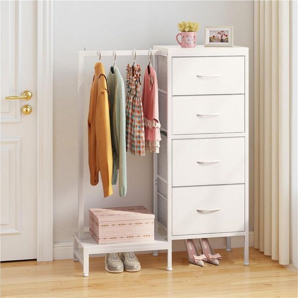 OYRREU Kinderkleiderschrank Kommode mit Kleiderstange & Schuhregal, platzsparend (Aufbewahrungsschrank-Set 1-St, mit 4 Stoffschubladen, Schuhablage) 3-in-1 Organizer Schlafzimmer Garderober