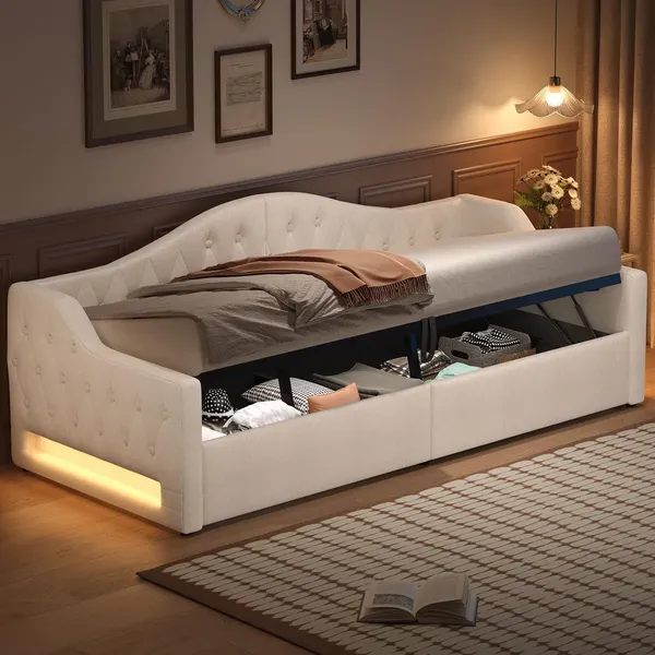 Schlafsofa mit Bettfunktion, LED-Beleuchtung, Lattenrost, Armlehnen und Rückenlehne, 90x200cm, Einzelbett, Polsterbett, Stauraumbett
