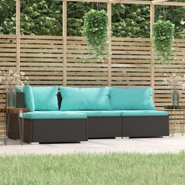 vidaXL 4-tlg. Garten-Lounge-Set mit Kissen Schwarz Poly Rattan 317534