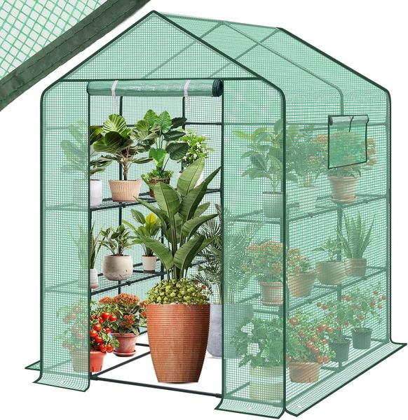 Sekey Gewächshaus 200x145x145 cm, Foliengewächshaus Stabil, Gewächshaus Balkon mit 10 Regalböden für optimales Pflanzenwachstum, Grün, XXL