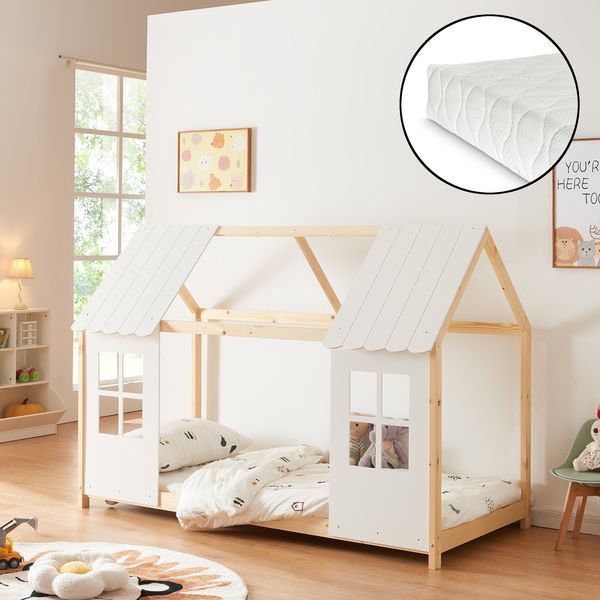Halboffenes Kinderbett Tostedt mit Matratze 90x200 cm Holz/Weiß [en. casa]