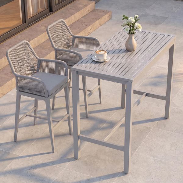 Set Bartisch + 2x Barhocker HWC-P91, Barstuhl Stehtisch, Outdoor Sitzpolster Seilgeflecht Metall ~ hellgrau