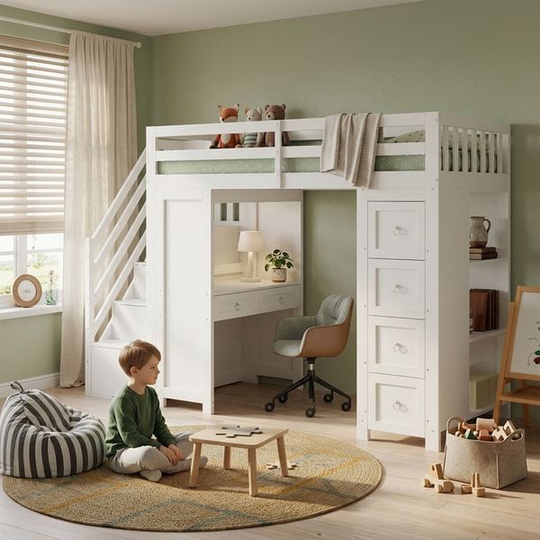 Multifunktionales Hochbett für Kinder mit Stauraum und Lernbereich, Etagenbett, Einbautisch, Schubladen, seitliche Regale, Kiefer+MDF+Spanplatte, weiß, 90x200 cm