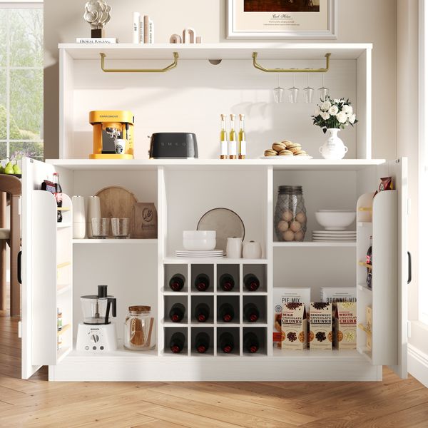 Sideboard 120x40x120 cm, weiß mit Holzmaserung, mit Weinregal und verstellbaren Einlegeböden，weiß