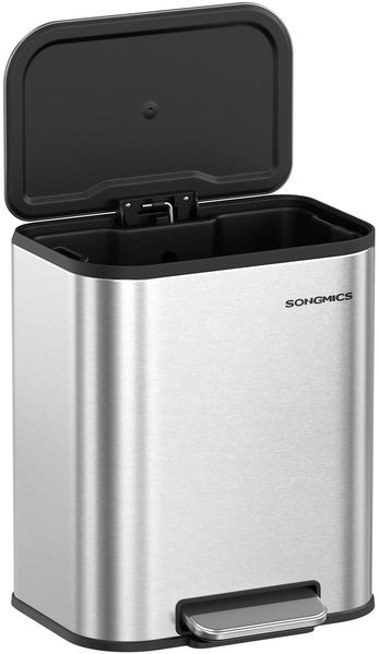 Songmics Mülleimer mit Deckel, Softclose & Offenhaltefunktion,  20 Liter, Stahl, 42,5 x 36,6 x 30 cm, Metallisches Silber