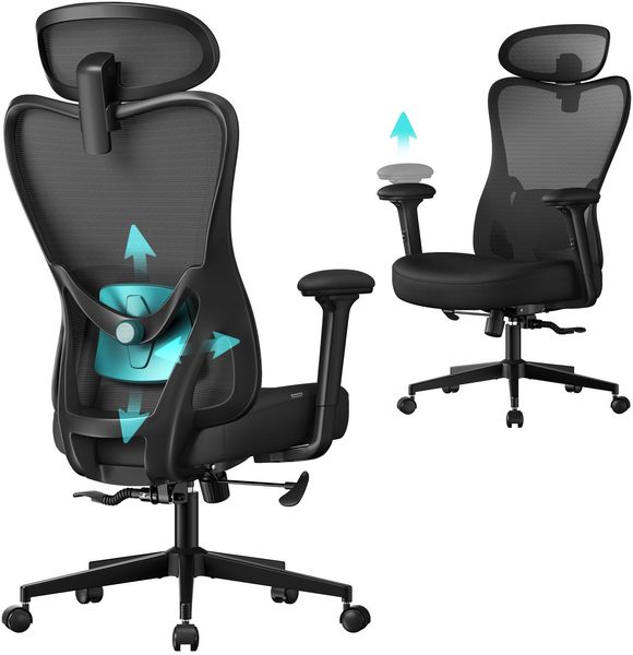 SONGMICS Bürostuhl ergonomisch, Schreibtischstuhl, Computerstuhl, verstellbare Lenden- und Kopfstütze, bis 150 kg belastbar, höhenverstellbar, tintenschwarz