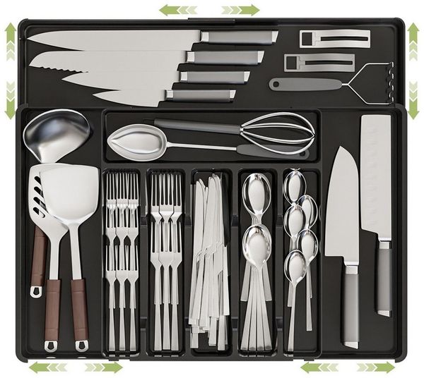 Refined Living Organizer Ausziehbarer Besteckkasten Besteckhalter Flexibler Besteckeinsatz (Breite von 30 auf 53 cm Erweiterbar Schubladeneinsatz Besteckorganizer, 1 St, Schubladen Organizer Küchen Organizer Schubladen-Utensilien-Organizer), Verstellba...