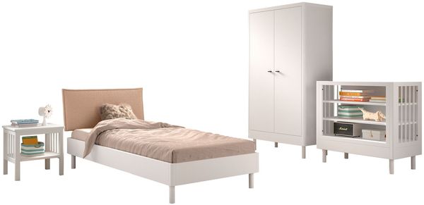 Einzelbett Set 90x200 Keeley Buche Weiß Massivholz Regal Komfort