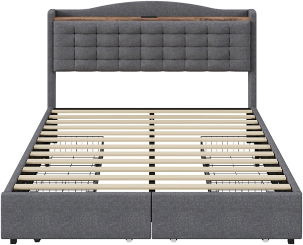 Merax Polsterbett Doppelbett 160x200cm mit USB-Ladeanschluss + 4 Schubladen Leinenstoff, dunkelgrau Bild 8