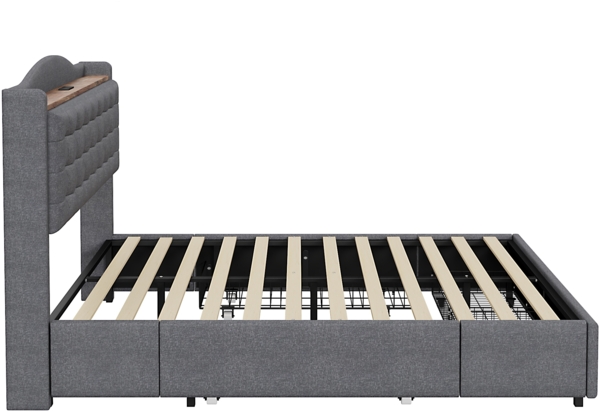 Merax Polsterbett Doppelbett 160x200cm mit USB-Ladeanschluss + 4 Schubladen Leinenstoff, dunkelgrau Bild 6