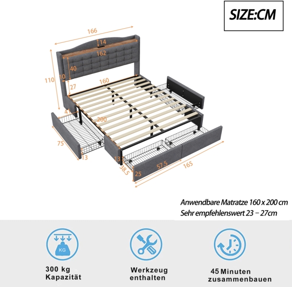 Merax Polsterbett Doppelbett 160x200cm mit USB-Ladeanschluss + 4 Schubladen Leinenstoff, dunkelgrau Bild 4