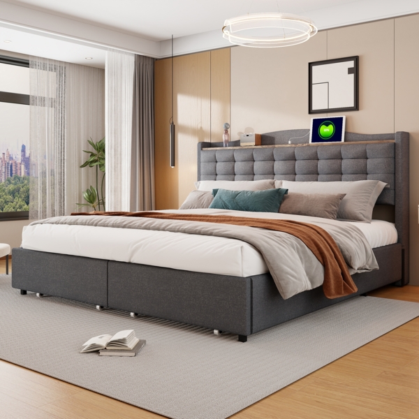 Merax Polsterbett Doppelbett 160x200cm mit USB-Ladeanschluss + 4 Schubladen Leinenstoff, dunkelgrau Bild 3