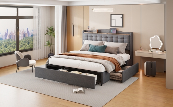 Merax Polsterbett Doppelbett 160x200cm mit USB-Ladeanschluss + 4 Schubladen Leinenstoff, dunkelgrau Bild 7