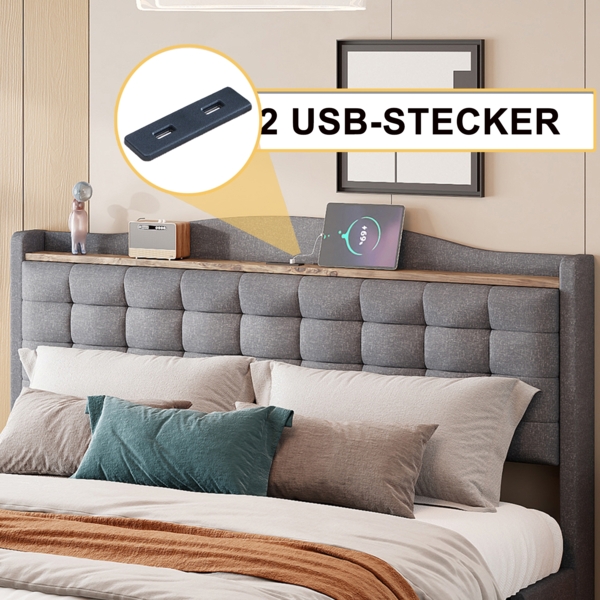 Merax Polsterbett Doppelbett 160x200cm mit USB-Ladeanschluss + 4 Schubladen Leinenstoff, dunkelgrau Bild 5