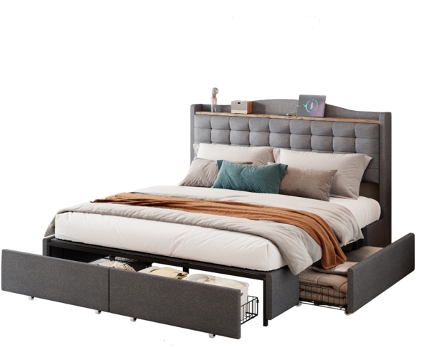 Merax Polsterbett Doppelbett 160x200cm mit USB-Ladeanschluss + 4 Schubladen Leinenstoff, dunkelgrau Bild 10