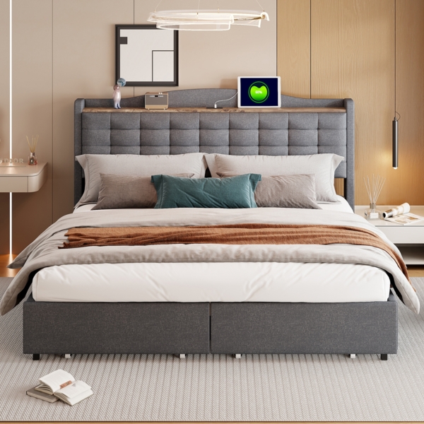 Merax Polsterbett Doppelbett 160x200cm mit USB-Ladeanschluss + 4 Schubladen Leinenstoff, dunkelgrau Bild 2