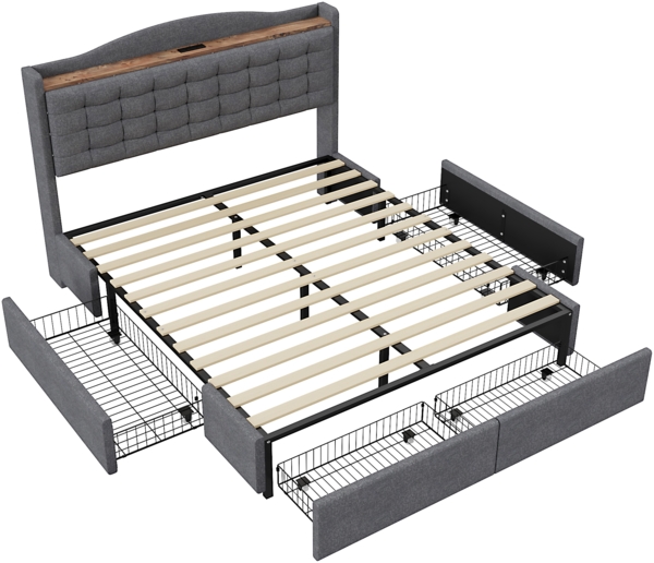 Merax Polsterbett Doppelbett 160x200cm mit USB-Ladeanschluss + 4 Schubladen Leinenstoff, dunkelgrau Bild 9