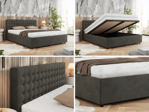 Polsterbett mit Holzlattenrost Doppelbett PAVO CLASSIC, hohe Kopfteil, Bettkasten mit Gasdruckfeder Multipocket Matratze - 160x200 cm - Dunkelgrau Velvet - ELORI LUX Bild 2
