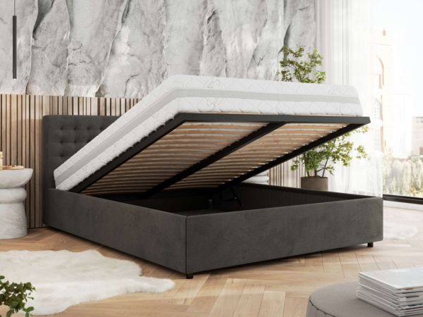 Polsterbett mit Holzlattenrost Doppelbett PAVO CLASSIC, hohe Kopfteil, Bettkasten mit Gasdruckfeder Multipocket Matratze - 160x200 cm - Dunkelgrau Velvet - ELORI LUX Bild 3