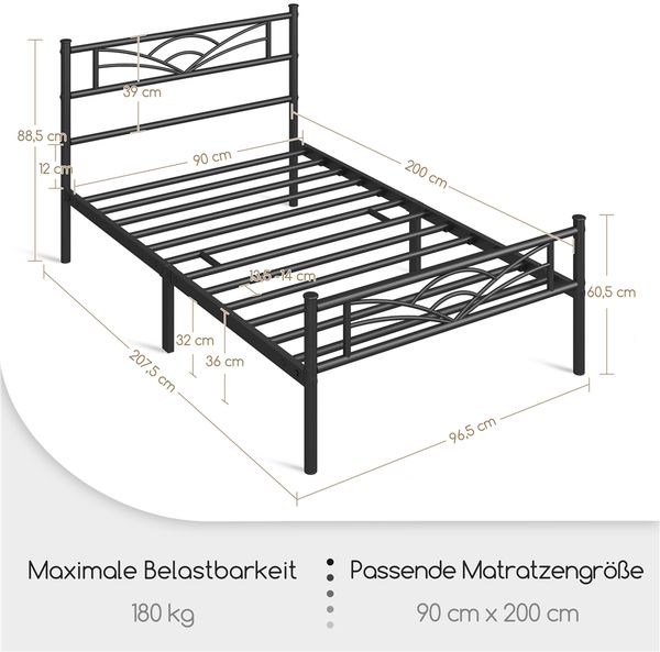 Yaheetech Metallbett mit Lattenrost, Wolkenmuster, Metall Schwarz, 90x200 cm Bild 4
