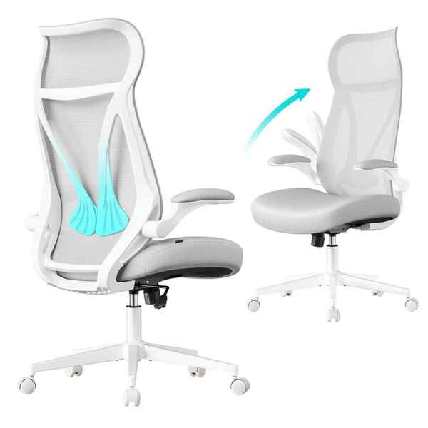 SONGMICS Bürostuhl, Schreibtischstuhl, ergonomische Rückenlehne, höhenverstellbar, hochklappbare Armlehnen, Drehstuhl mit Kopfstütze, bis 150 kg belastbar, taubengrau