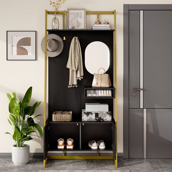 Garderobe MDF mit Spiegel, Haken & Schuhschrank, 78x38,5x180,5 cm, Schwarz