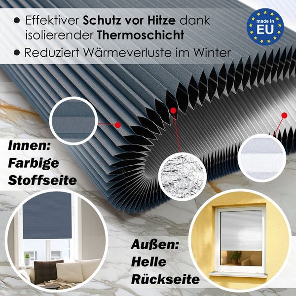 DomDeco Wabenplissee Thermo Plissee ohne Bohren - Hitzeschutz, Verdunkelung, verspannt, abdunkelnd, Klemmfix, stufenlos, kälteschutz, modernes Fensterplissee
