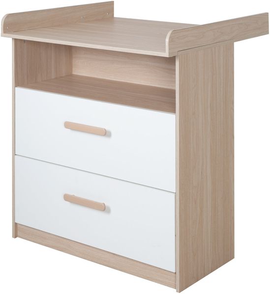 roba Wickelkommode Cabane mit abnehmbarem Aufsatz - Offenes Fach + 2 Schubladen mit Vollauszug - Mitwachsende Babykommode - Griffe aus Holz - Weiß/ Eiche