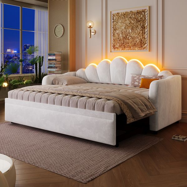 Merax Daybett, Polsterbett, Tagesbett, 90/180x200cm mit Ausziehbett und LED-Beleuchtung, Weiß
