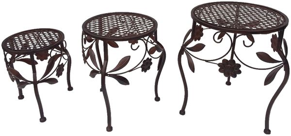 Hocker Set 3tlg. Gartendeko Eisenhocker Pflanzenständer Blumenhocker braun Antik