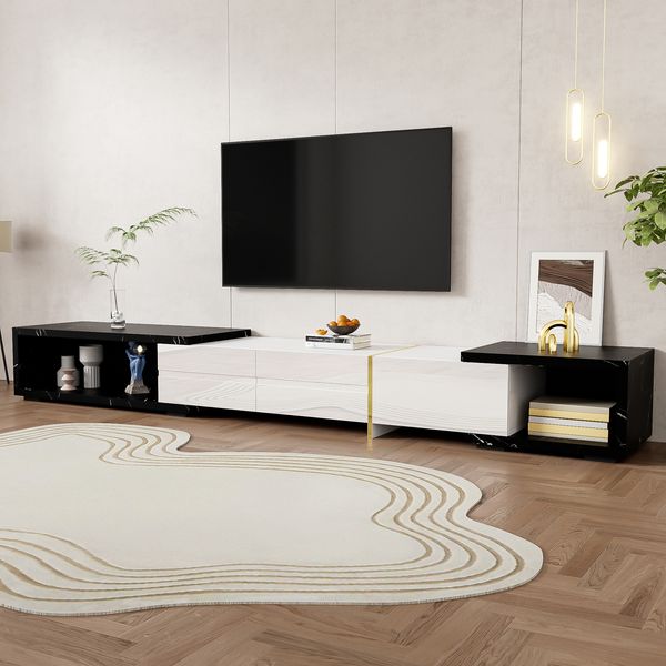 Merax TV-Schrank mit variabler Länge (140-260 cm), drehbarer Funktion, schwarzer Marmoroptik, weißem Hochglanz-Matt-Finish und goldenen Verzierungen