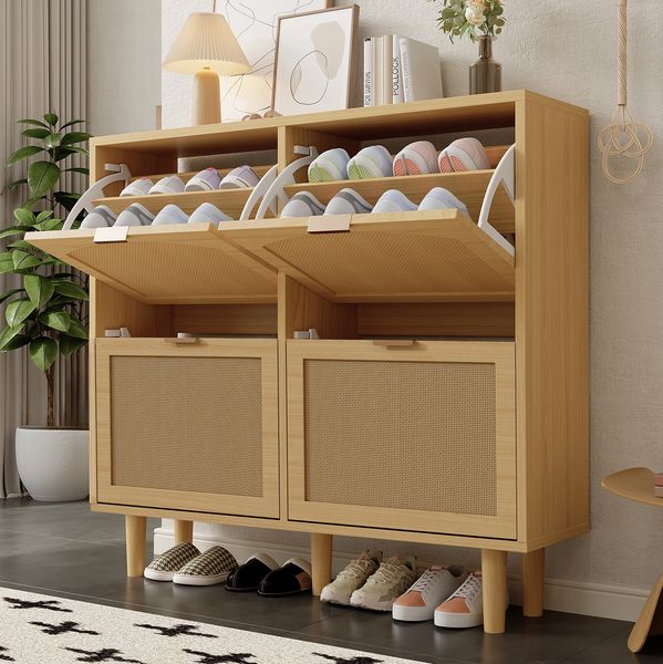 Schuhschrank mit Rattanfront, 100 x 25 x 90 cm, Eichefarben
