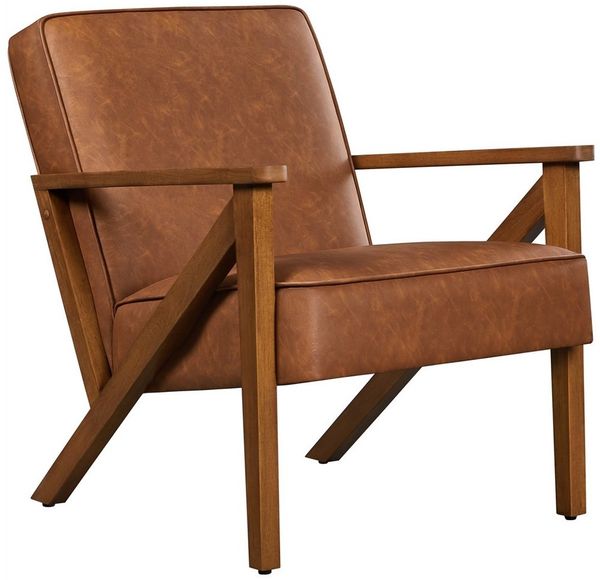 Yaheetech Relaxsessel mit breitem Sitz, Kunstleder / Gummibaumholz, 78 x 67 x 79,5 cm, Hellbraun