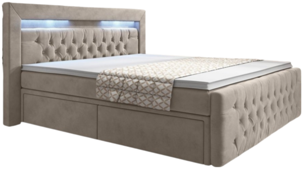 Boxspringbett Sera mit LED und Stauraum (4 Schubladen) 160x200 Beige H2 (bis 70kg)