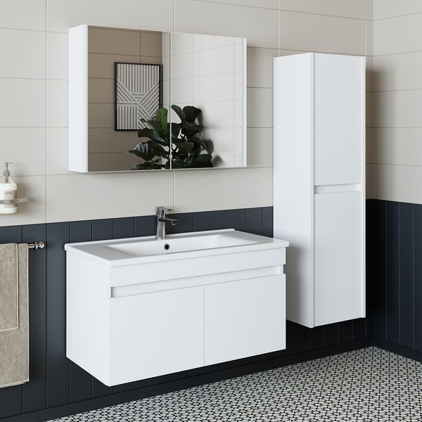 Roomart ATRIA-85 Badmöbel Set– 4-teiliges Badezimmermöbel Set - Waschbeckenunterschrank mit Keramikwaschbecken, Spiegelschrank & Hochschrank - H 45 x B 45 x T 85 cm • Weiß