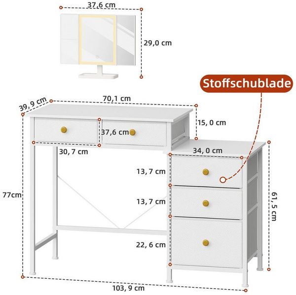 OYRREU Schminktisch inkl. 3-fach Spiegel mit Beleuchtung, Schreibtisch, Beistelltisch weiß (Schminkkommode 1-St), Kosmetiktisch, Stoffschubladen, platzsparend, Kompaktes Design