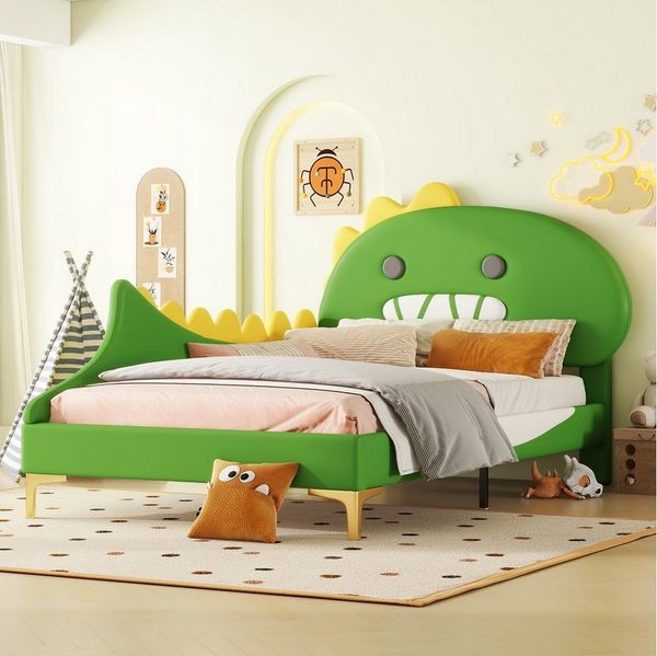 Flieks Polsterbett, Kinderbett 90x200cm mit Cartoon Dinosaurier Form Kopfteil Kunstleder