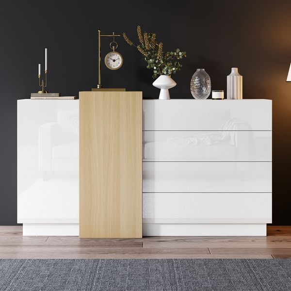 Merax Weißes Hochglanz-Sideboard, Moderner Esszimmerschrank mit Stauraum, Minimalistischer holzfarbener moderner Aufbewahrungsschrank
