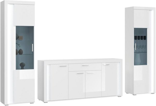 INOSIGN Wohnwand Viborg, 3-teiliges Set, inkl. vertikaler Frontbeleuchtung, best. aus:, (3-St), 2x Vitrine und Sideboard, Wohnkombination, Wohnzimmer-Set, Esszimmer