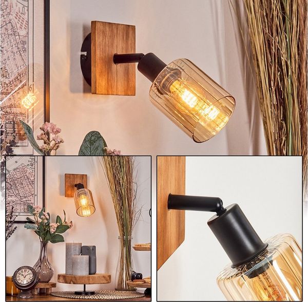 hofstein Wandleuchte verstellbare Wandlampe aus Holz/Metall/Glas in Naturfarben/Schwarz, ohne Leuchtmittel, Glasschirm (8 cm), 1 x E14, ohne Leuchtmittel