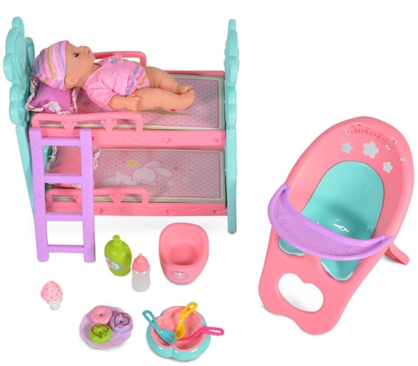 Moni Kinderpuppe 31 cm 8295 Zubehör Etagenbett Hochstuhl Trinkflasche Töpfchen rosa Bild 3