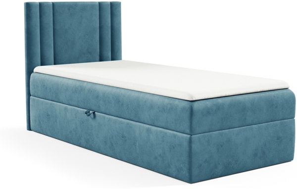 MEBLINI Kinderbett mit Bettkasten CARDI 90x200 Links – H3/Blau Samt Gepolstert Einzelbett mit Matratze - Polsterbett mit Stauraum - Bett mit Kopfteil – Stauraumbett